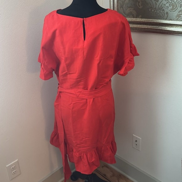 ASTR The Label Coral Red ruffle faux wrap around skirt ruffle sleeves dress Sz L - Picture 5 of 12